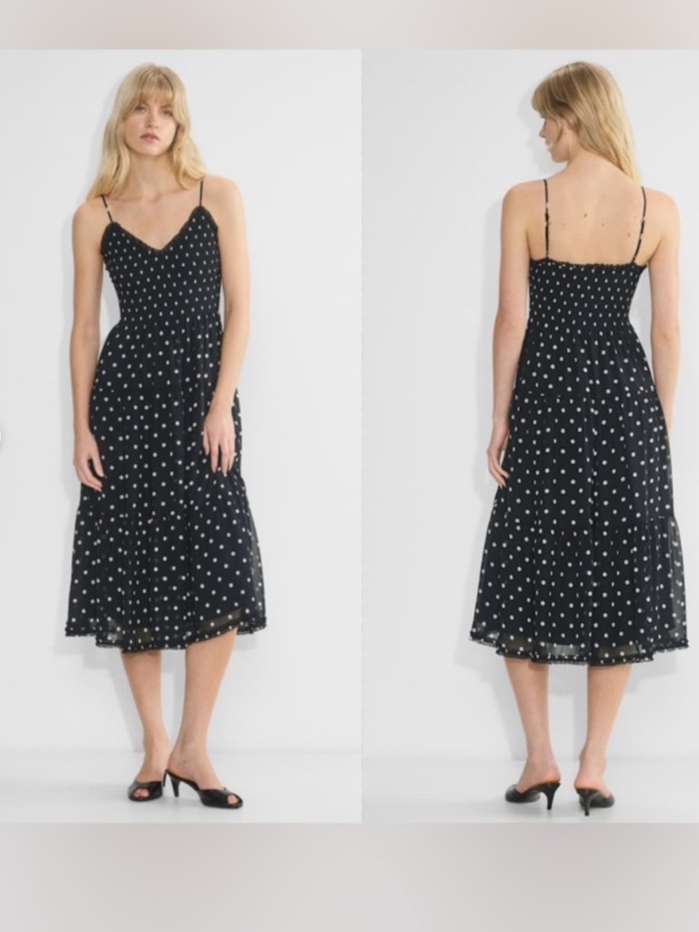 Wilfred Tuberose Black Polka Dot Smocked Midi Dress